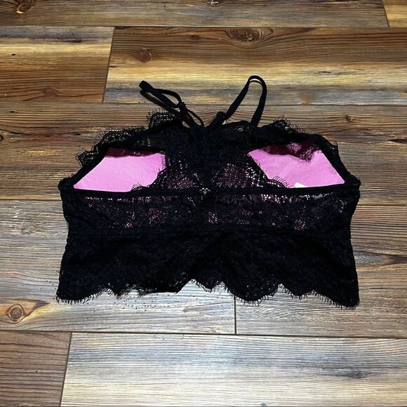 PINK Victoria Secret High Neck Eyelash Bralette Bra - Black Lace - Picture 2 of 11